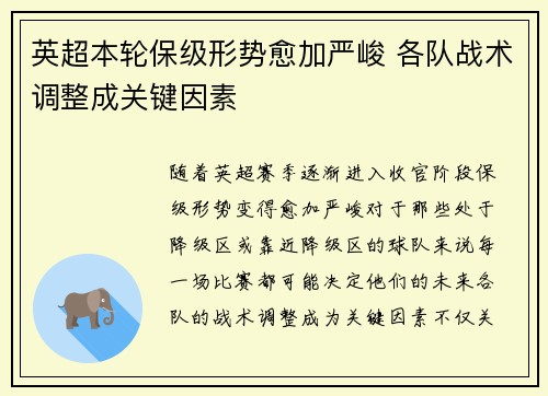 英超本轮保级形势愈加严峻 各队战术调整成关键因素