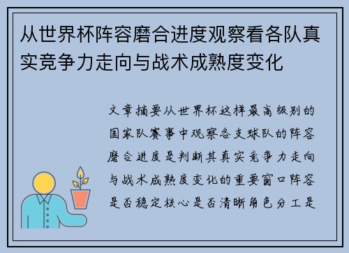 从世界杯阵容磨合进度观察看各队真实竞争力走向与战术成熟度变化